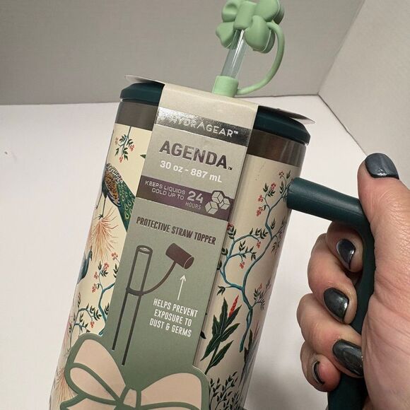 Hydragear Green Cream Peacock Print Stainless Steel Tumbler 30 Oz Bow Straw - Picture 2 of 7